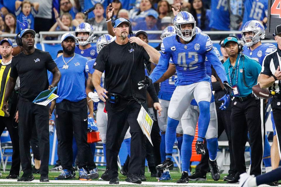 Detroit Lions linebacker Jalen Reeves-Maybin (42) reacts to a referee call during the second half against Seattle Seahawks at Ford Field in Detroit on Sunday, Sept. 17, 2023.