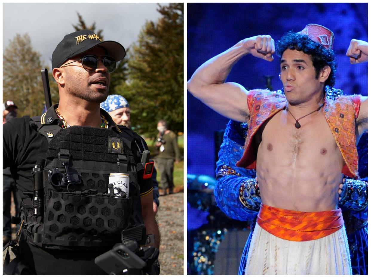 Former Proud Boys leader Enrique Tarrio, left. Adam Jacobs, Broadway's original Aladdin, right.