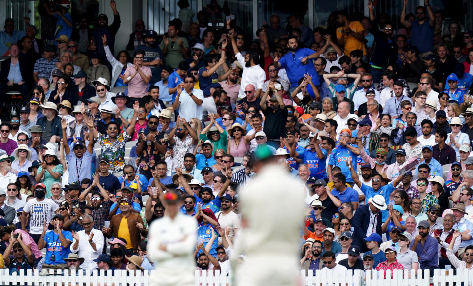 India fans celebrate during day four of the cinch Second Test match at Lord's, London. Picture date: Sunday August 15, 2021. (Photo by Zac Goodwin/PA Images via Getty Images)