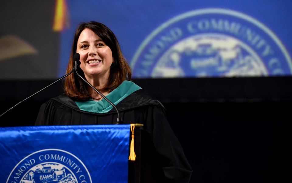State Sen. Robyn Kennedy provides the commencement address during Quinsigamond Community College commencement at the DCU Center on Friday.