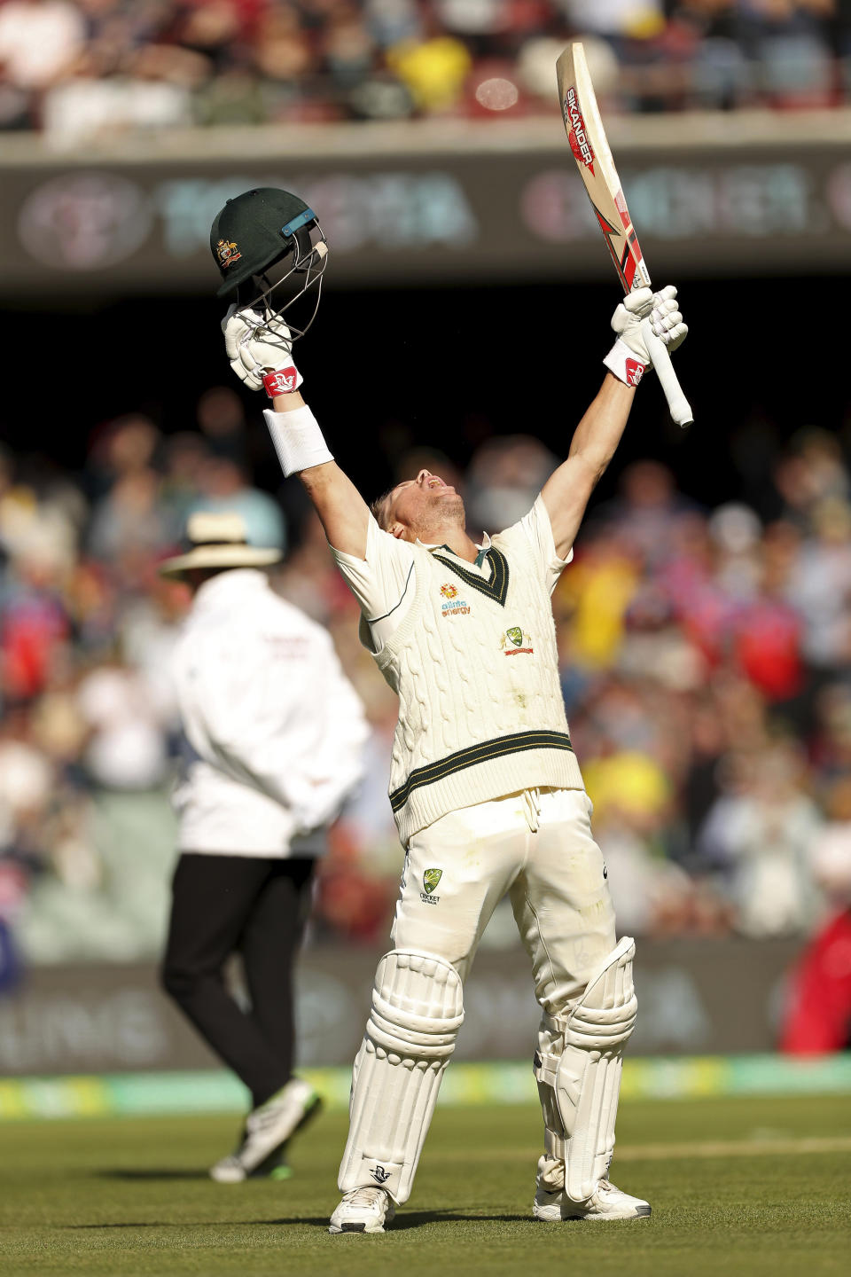 Australia's David Warner celebrates his 300 during their cricket test match against Pakistan in Adelaide, Saturday, Nov. 30, 2019. (AP Photo/James Elsby)