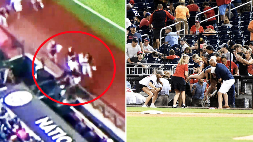 Players, pictured here helping fans onto the field and into the dugout.