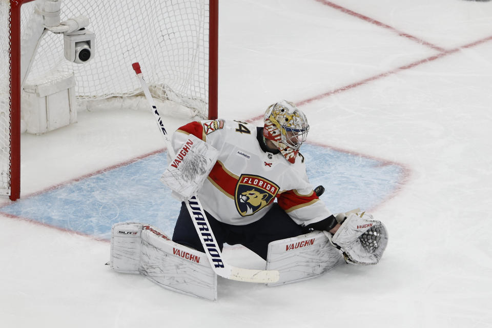 Florida Panthers goaltender Alex Lyon has this shot by Boston Bruins' Brad Marchand get past him for a goal during the second period of Game 1 of an NHL hockey playoff series, Monday, April 17, 2023, in Boston. (AP Photo/Winslow Townson)