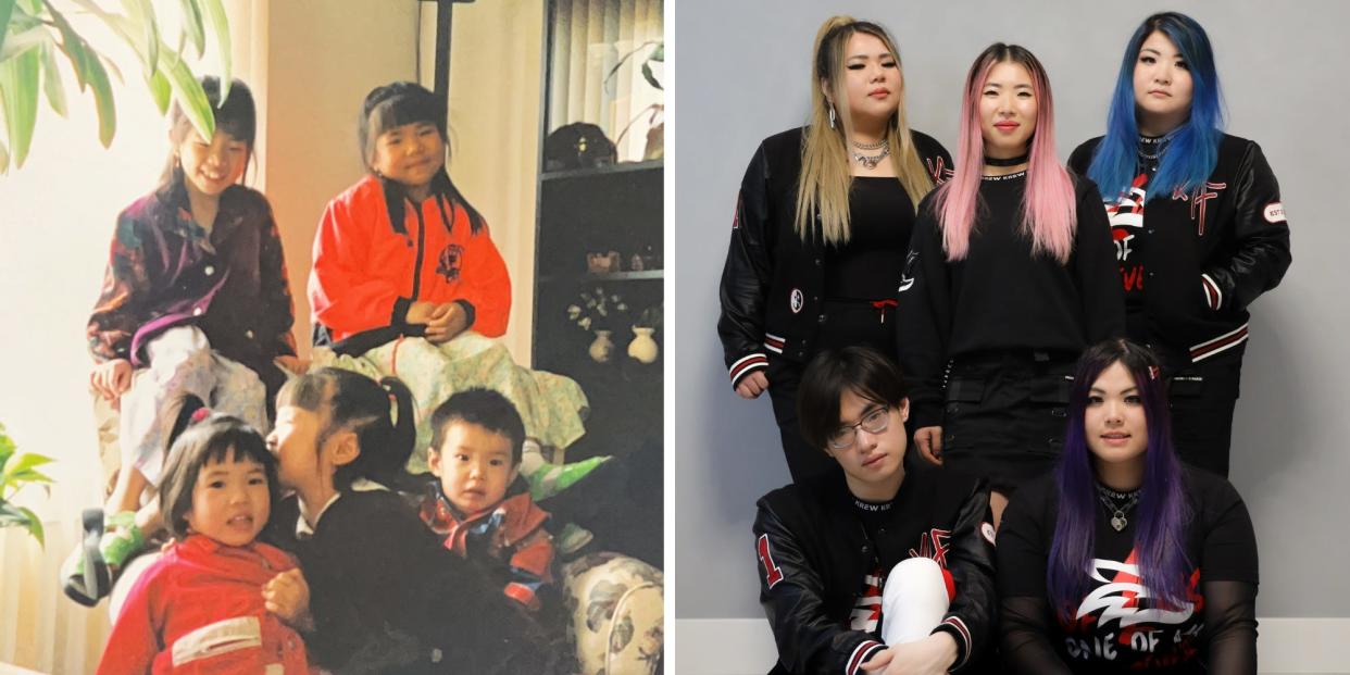 A picture of the La siblings as children next to a picture of them as adults.