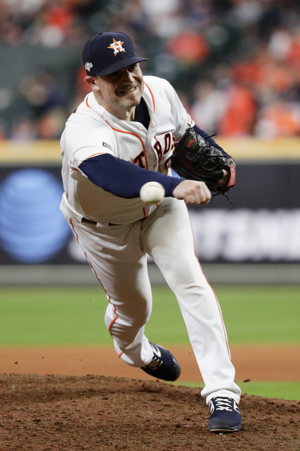 Houston Astros relief pitcher Joe Smith throws against the New York Yankees during the 11th inning in Game 2 of baseball's American League Championship Series Sunday, Oct. 13, 2019, in Houston. (AP Photo/Eric Gay)