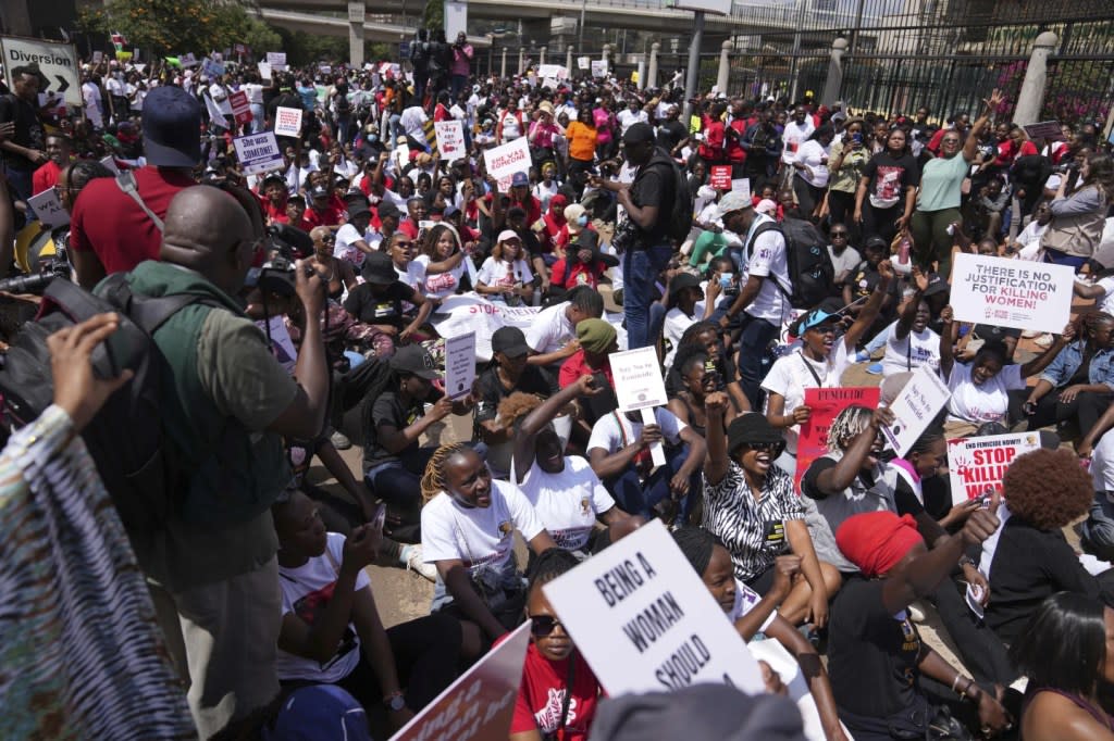 Women and feminists in Kenya march against the rising cases of femicide, in downtown Nairobi, Kenya Saturday, Jan. 27, 2024. (AP Photo/Brian Inganga)