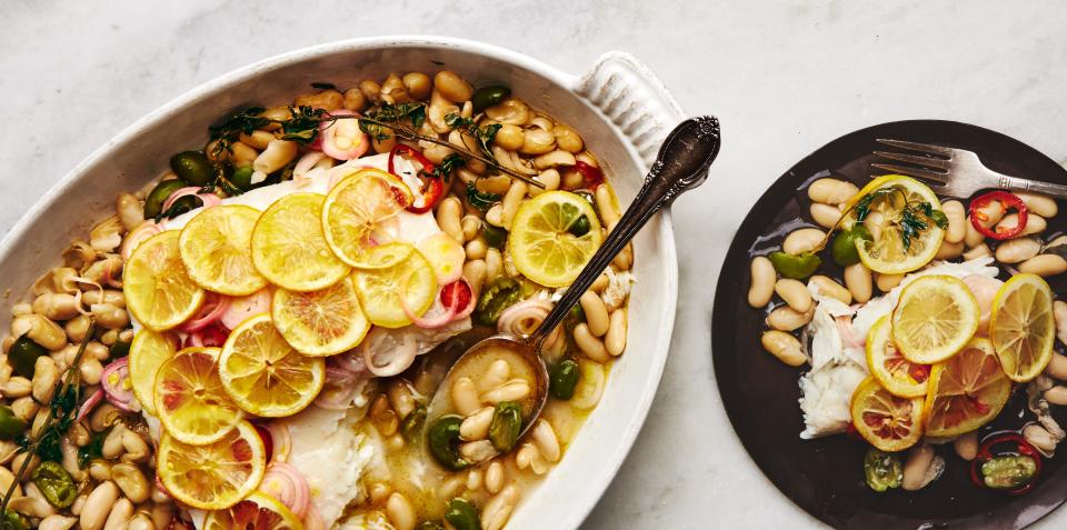 Roast Fish with Cannellini Beans and Green Olives