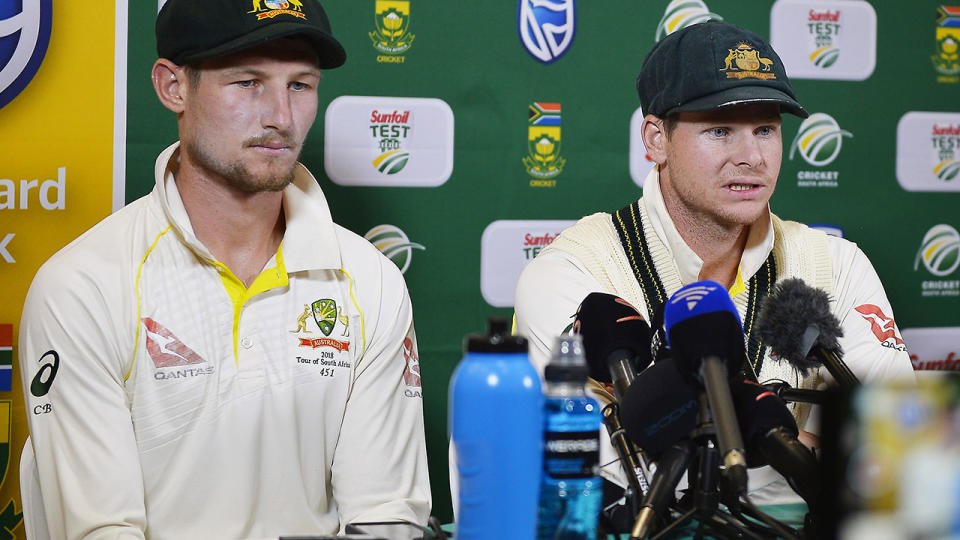 Steve Smith and Cameron Bancroft after the ball-tampering scandal. (Photo by Ashley Vlotman/Gallo Images/Getty Images)