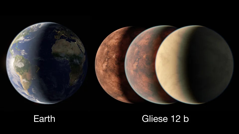 Pictured is a diagram of Earth in comparison to the Super-Earth exoplanet, Gliese 12 b.