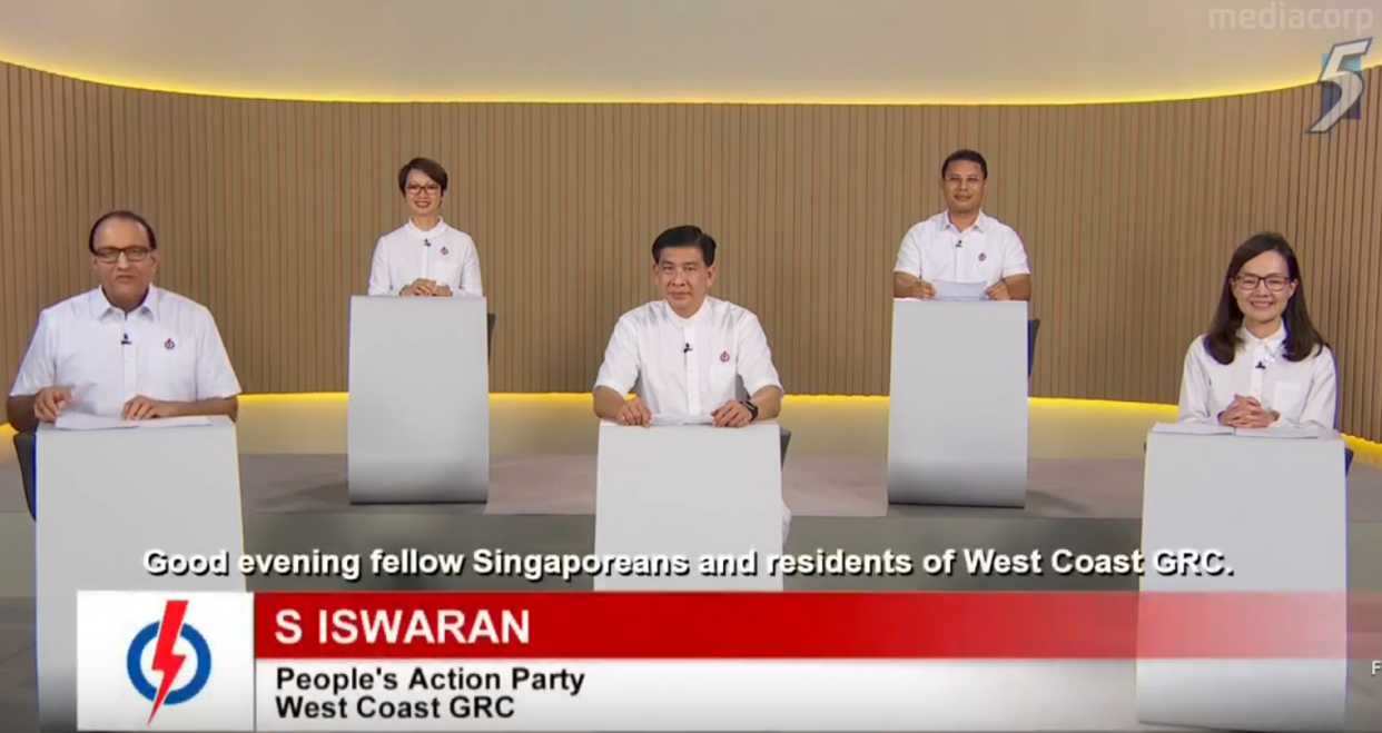 PAP West Coast GRC GE2020 candidates speaking in a constituency political broadcast on 8 July 2020. (SCREENSHOT: Mediacorp/YouTube)