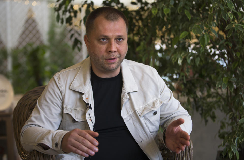 FILE - In this photo taken on Friday, July 10, 2015, Alexander Borodai, former head of the rebel government in eastern Ukraine, speaks to the Associated Press in Moscow, Russia. The former rebel leader in eastern Ukraine is denying that the separatists are to blame for downing Malaysia Airlines Flight 17. (AP Photo/Alexander Zemlianichenko Jr., File)