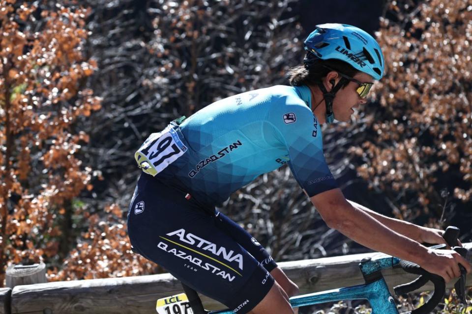 TOPSHOT  Astana Qazaqstans Spanish rider Javier Romo Olivier cycles in a leading breakaway during the 7th stage of the 81st Paris  Nice cycling race 143 km between Nice and Col de la Couillole southeastern France on March 11 2023 Photo by AnneChristine POUJOULAT  AFP Photo by ANNECHRISTINE POUJOULATAFP via Getty Images