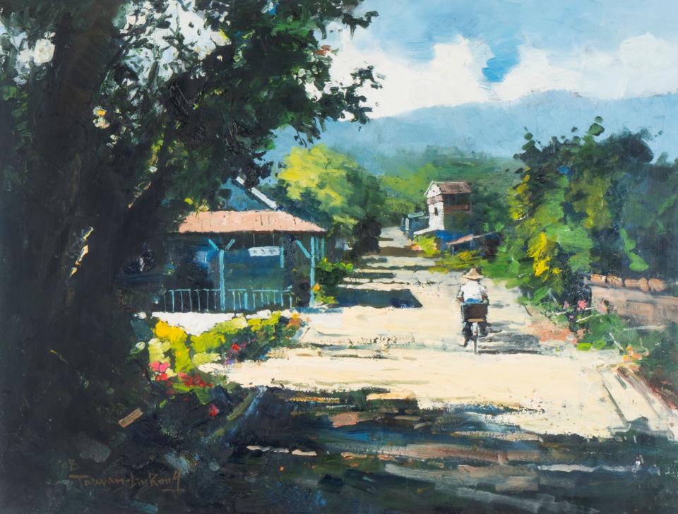 《返鄉》是藝術家林榮描繪桃園鄉郊的風景