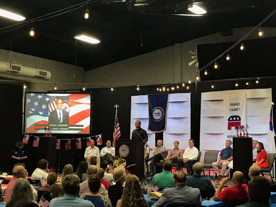 Kentucky Attorney General and gubernatorial hopeful Daniel Cameron spoke at the Graves County Republican Breakfast, where GOP hopefuls gathered ahead of the Fancy Farm political picnic.