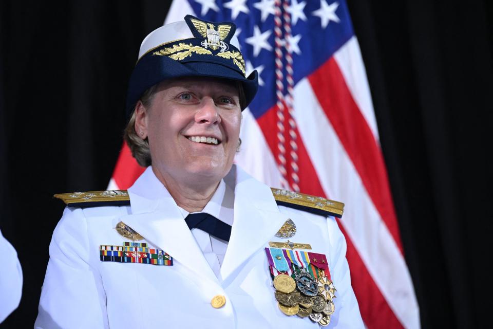 Admiral Linda Fagan attends the US Coast Guard (USCG) change of command ceremony at USCG Headquarters in Washington, DC, on June 1, 2022.  / Credit: SAUL LOEB/AFP via Getty Images