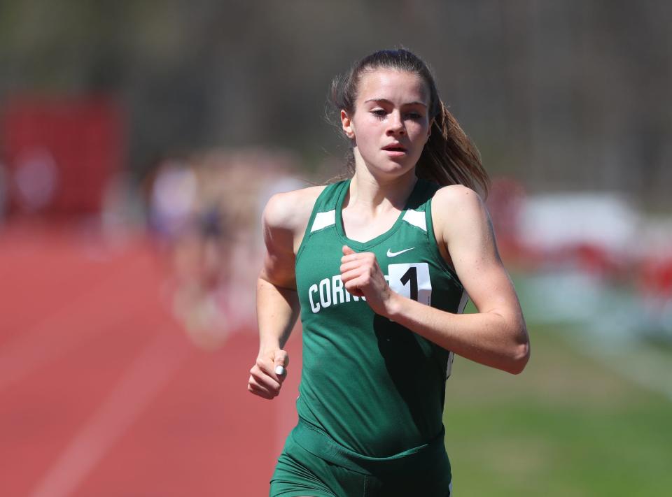 Cornwall's Karrie Baloga competes in the 1600-meter run at the 34th annual Red Raider Relay's at North Rockland High School in Thiells on Friday, April 22, 2022.