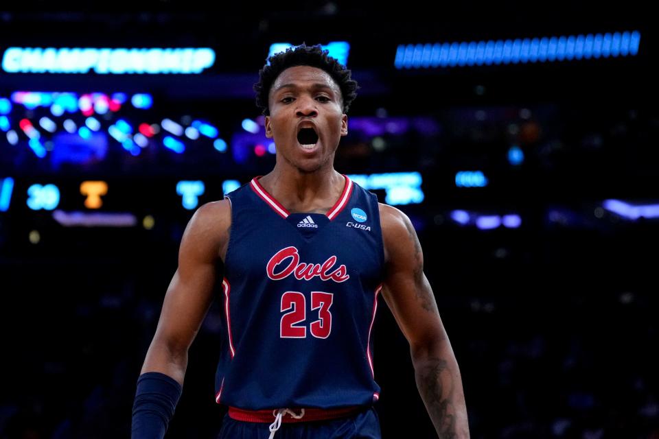 Brandon Weatherspoon yells during Florida Atlantic's win over Tennessee.