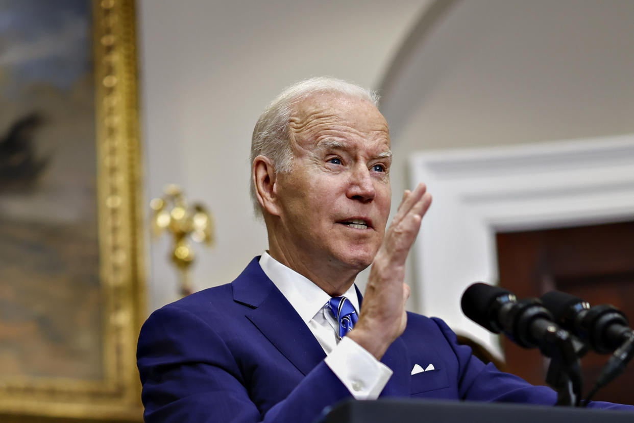 U.S. President Joe Biden speaks in the Roosevelt Room of the White House in Washington, D.C., U.S., on Wednesday, May 4, 2022. (Ting Shen/Bloomberg via Getty Images)