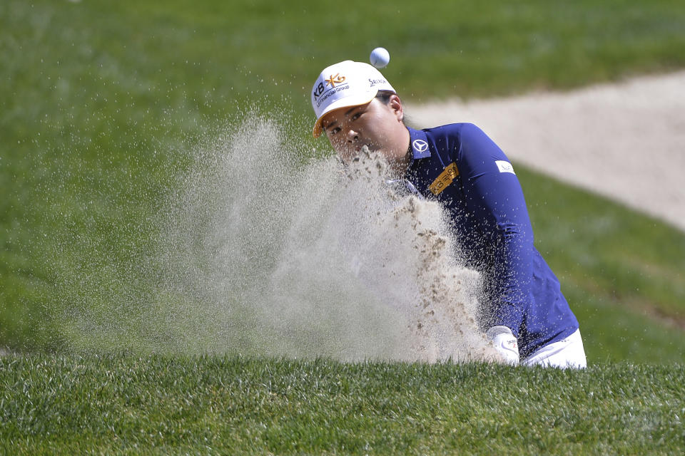 Inbee Park, of South Korea, plays a shot from a bunker on the fourth hole during the final round of the Kia Classic LPGA golf tournament Sunday, March 31, 2019, in Carlsbad, Calif. (AP Photo/Orlando Ramirez)