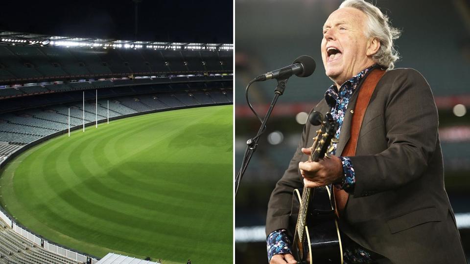 Mike Brady, pictured here singing 'Up There Cazaly' at an empty MCG.