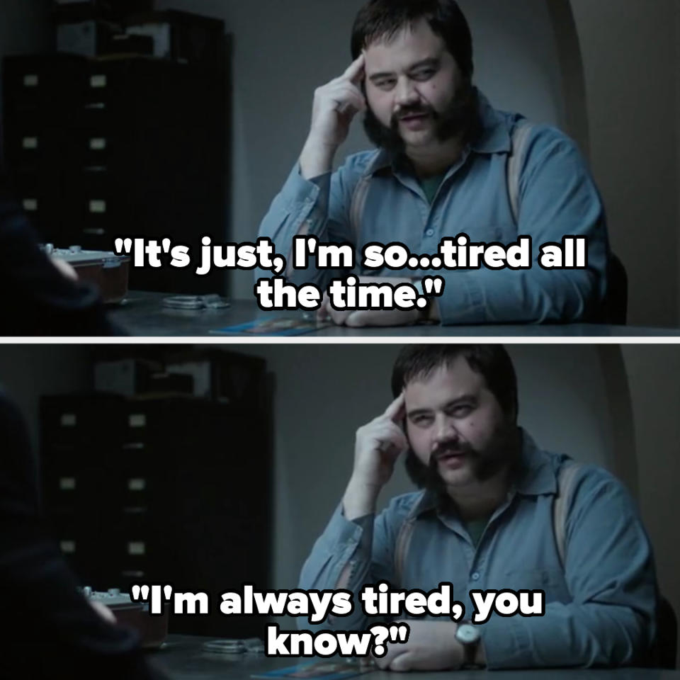 Two panels from a film or show with a man expressing he is tired to another person