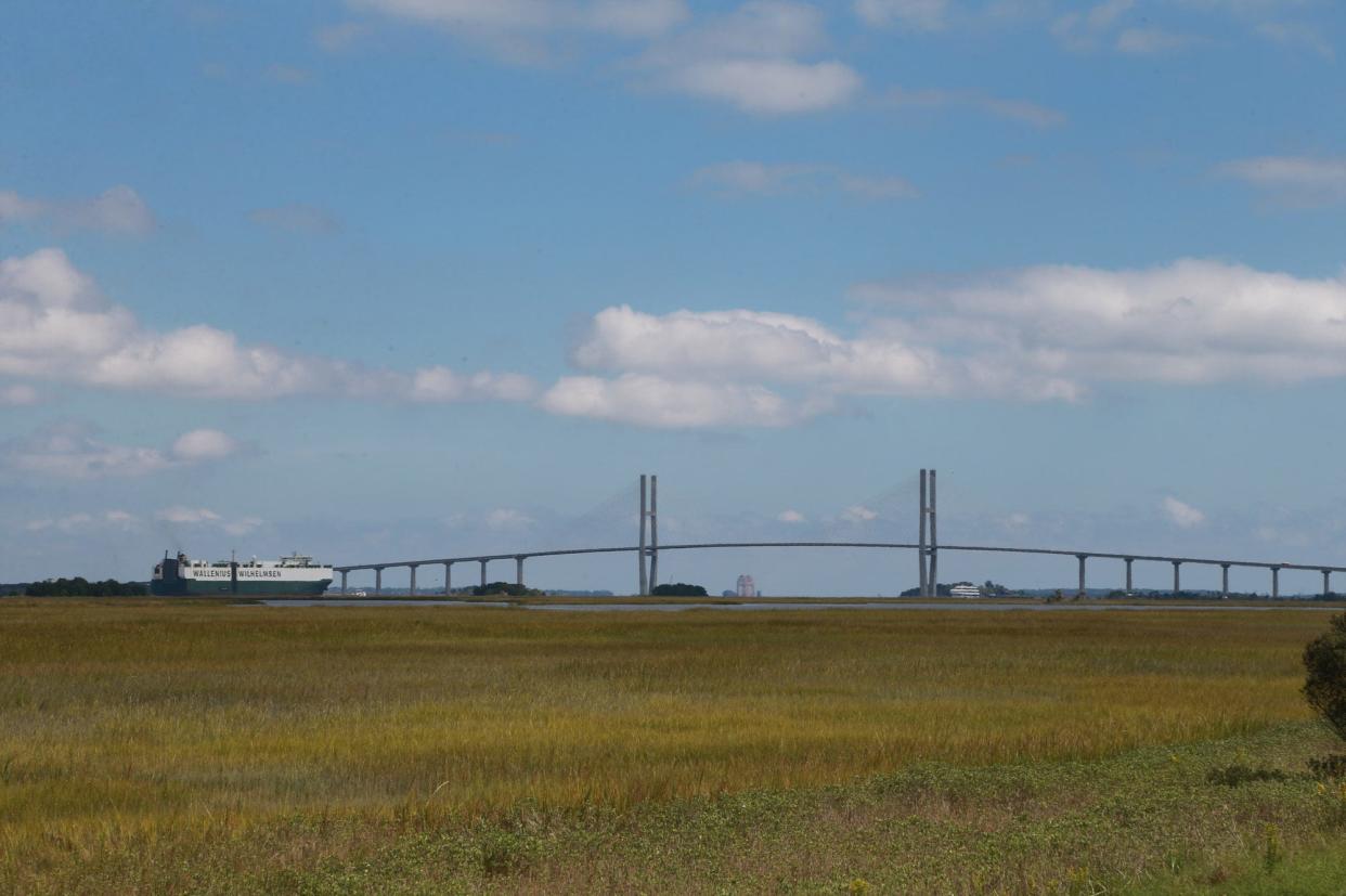 A cargo ship leaves the Georgia Ports Authority in Brunswick and heads out toward the Sidney Lanier Bridge.