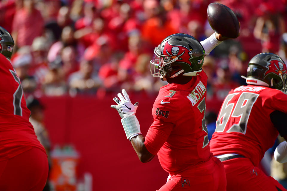 Jameis Winston of the Tampa Bay Buccaneers threw two interceptions against the Indianapolis Colts and was replaced by Ryan Griffin. (Photo by Julio Aguilar/Getty Images)