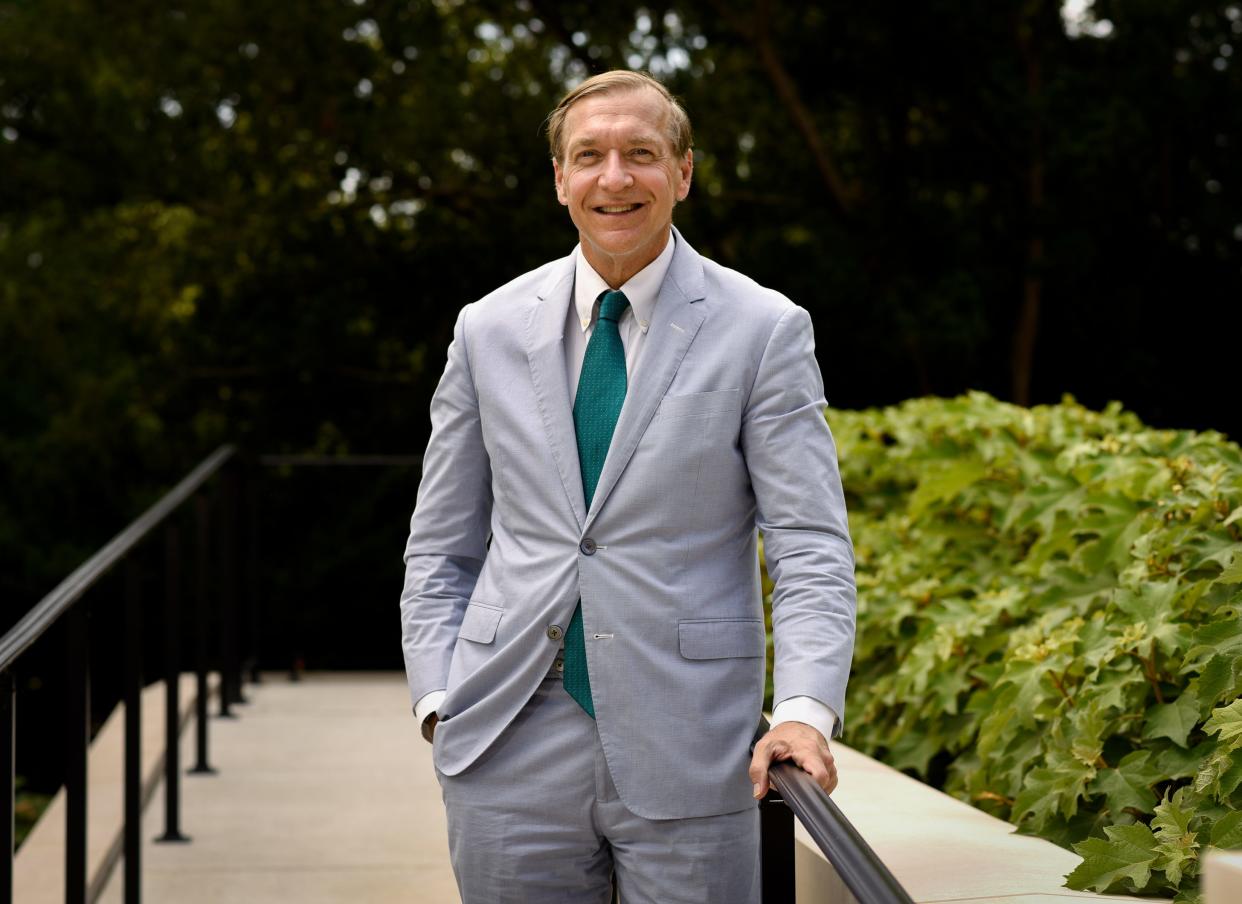 MSU President Samuel L. Stanley Jr., M.D., pictured Monday, Aug. 23, 2021, on the back porch of the Cowles House on the campus of  Michigan State University.