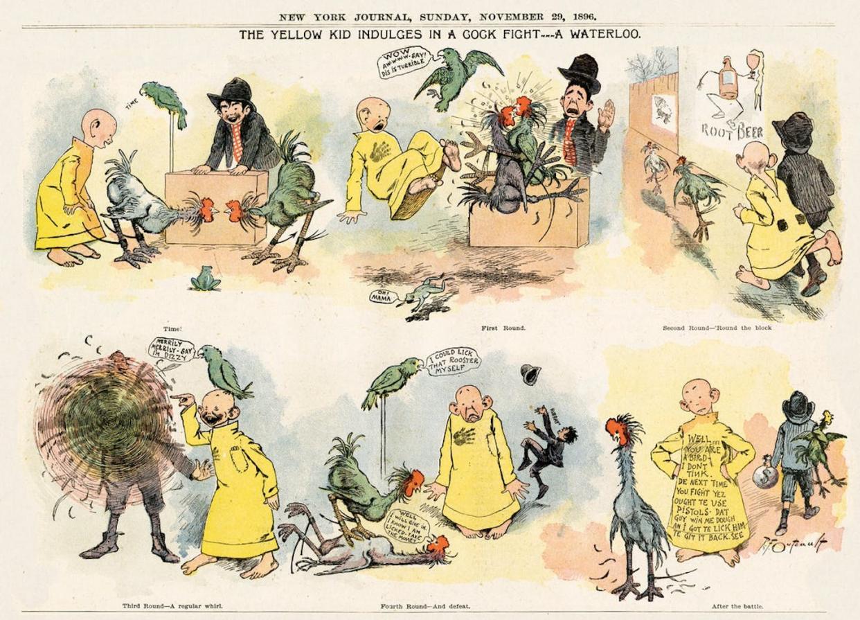 Viñeta del 'Yellow Kid' publicada el 29 de noviembre de 1896 en el 'New York Journal', dibujada por Richard F. Outcault. <a href="https://commons.wikimedia.org/wiki/File:The_Yellow_Kid_Indulges_In_A_Cockfight..._A_Waterloo.jpg" rel="nofollow noopener" target="_blank" data-ylk="slk:Wikimedia Commons;elm:context_link;itc:0;sec:content-canvas" class="link ">Wikimedia Commons</a>