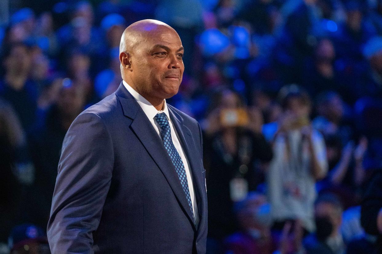 February 20, 2022; Cleveland, Ohio, USA; NBA great Charles Barkley is honored for being selected to the NBA 75th Anniversary Team during halftime in the 2022 NBA All-Star Game at Rocket Mortgage FieldHouse. Mandatory Credit: Kyle Terada-USA TODAY Sports