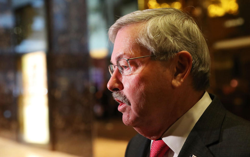 Then-Iowa Gov. Terry Branstad speaks with members of the media at Trump Tower following meetings in New York City, in this Dec. 6, 2016 file photo. President Trump tapped Branstad as U.S. Ambassador to China. / Credit: Getty