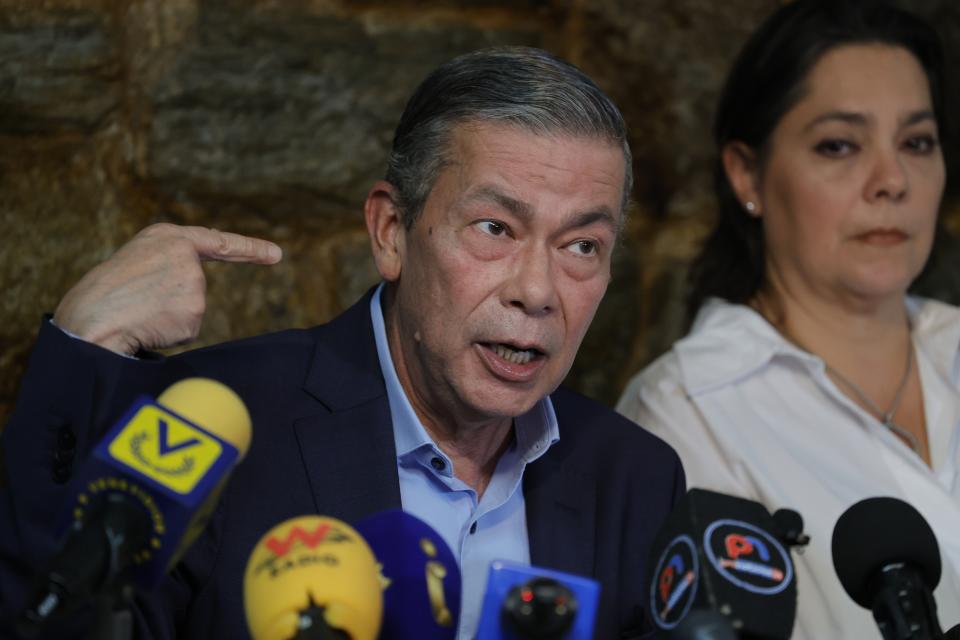 FILE - Gerardo Blyde, of the opposition Unitary Platform coalition, speaks during a press conference the day after the Supreme Court ratified the disqualification of presidential candidate María Corina Machado, in Caracas, Venezuela, Jan. 27, 2024. Venezuela’s top court complicateded Machado's presidential aspirations by affirming her ban, but she has continued campaigning. (AP Photo/Jesus Vargas, File)