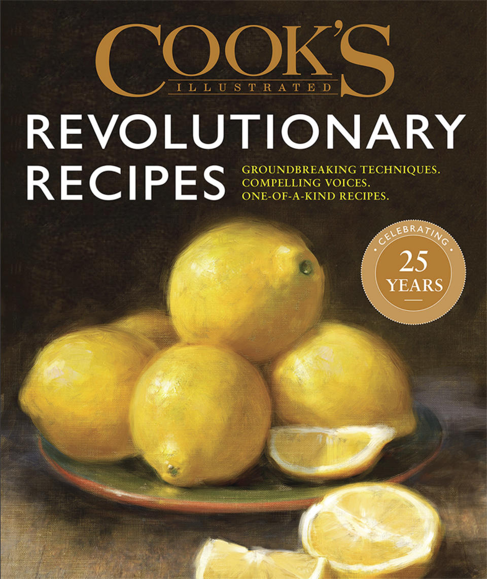 This image provided by America's Test Kitchen in May 2019 shows the cover for the cookbook “Revolutionary Recipes.” It includes a recipe for Garlic Shrimp Pasta. (America's Test Kitchen via AP)