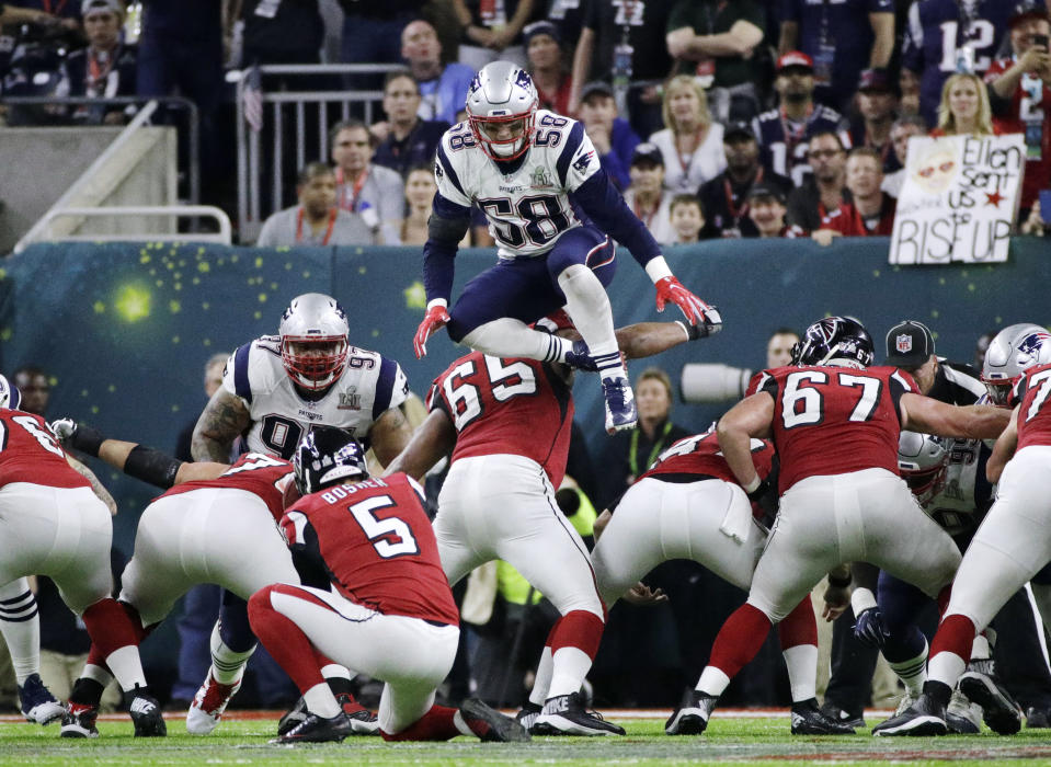 Flying high: Shea McClellin leaped over the line of scrimmage in Super Bowl LI to try to block a field goal. (AP)