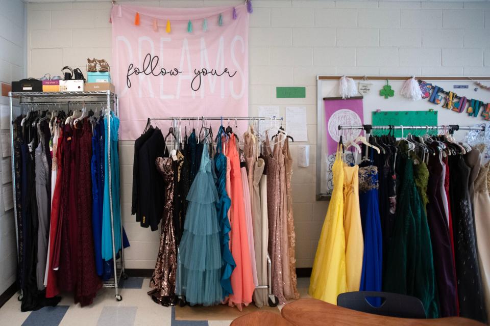 Prom gown donations hang on racks in a classroom at Bensalem High School on Tuesday, March 14, 2023. The school has put together a closet of prom gown donations for students to choose from for their upcoming senior prom on April 21.