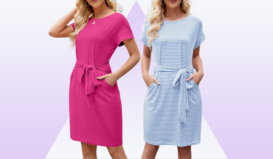 women wearing t-shirt dress with tie waist in magenta and blue and white striped