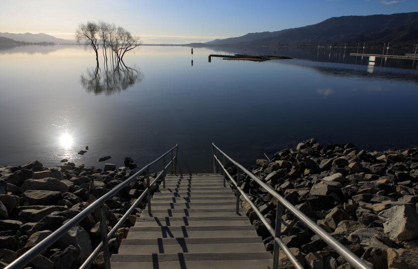 LAKE ELSINORE,, CA. MARCH 1, 2024: The beach at Launch Pointe marina at Lake Elsinore is now completely covered wiuth water. The tree in the water used to shade beachgoers on a sandbar. After a series of heavy rainstorms hit Southern California, water levels at Lake Elsinore have risen to one of the highest marks in 25 years PHOTOS FOR THE TIMES BY MARK BOSTER ©Mark Boster.2024