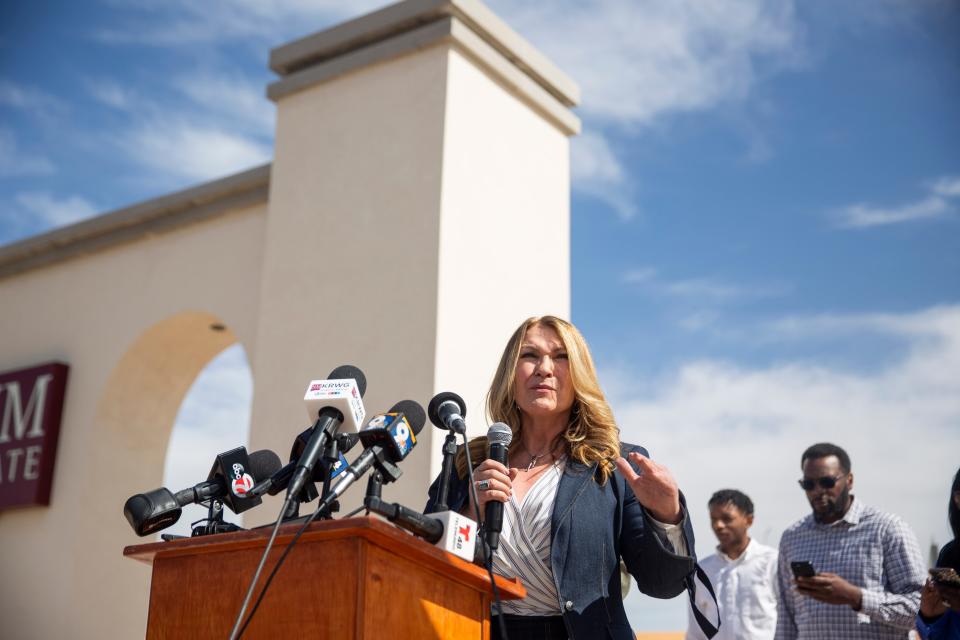 Joleen Youngers, attorney for William and Deuce Benjamin, speaks during a news conference on May 3.