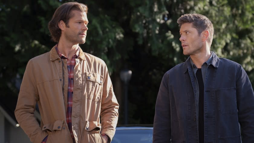 Supernatural -- The CW TV Series, Supernatural -- "Carry On" -- Image Number: SN1520C_0015r2.jpg -- Pictured (L-R): Jared Padalecki as Sam and Jensen Ackles as Dean -- Photo: Robert Falconer/The CW -- © 2020 The CW Network, LLC. All Rights Reserved. Jared Padalecki, left, and Jensen Ackles in "Supernatural" on The CW.