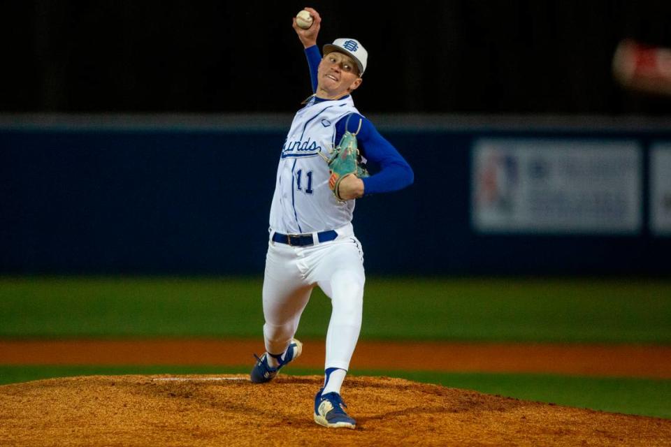 Ocean Springs’ Jack Jordan throws a pitch during a game against Jackson Prep in Ocean Springs on Monday, March 11, 2024.