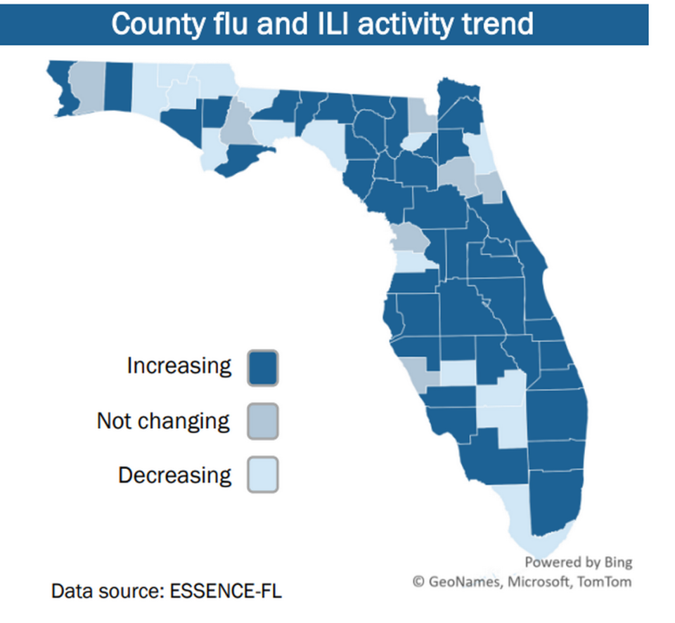 In Florida, much of the state has seen an increase in reports of flu and influenza-like illness, including in Miami-Dade, Broward and Palm Beach counties.  