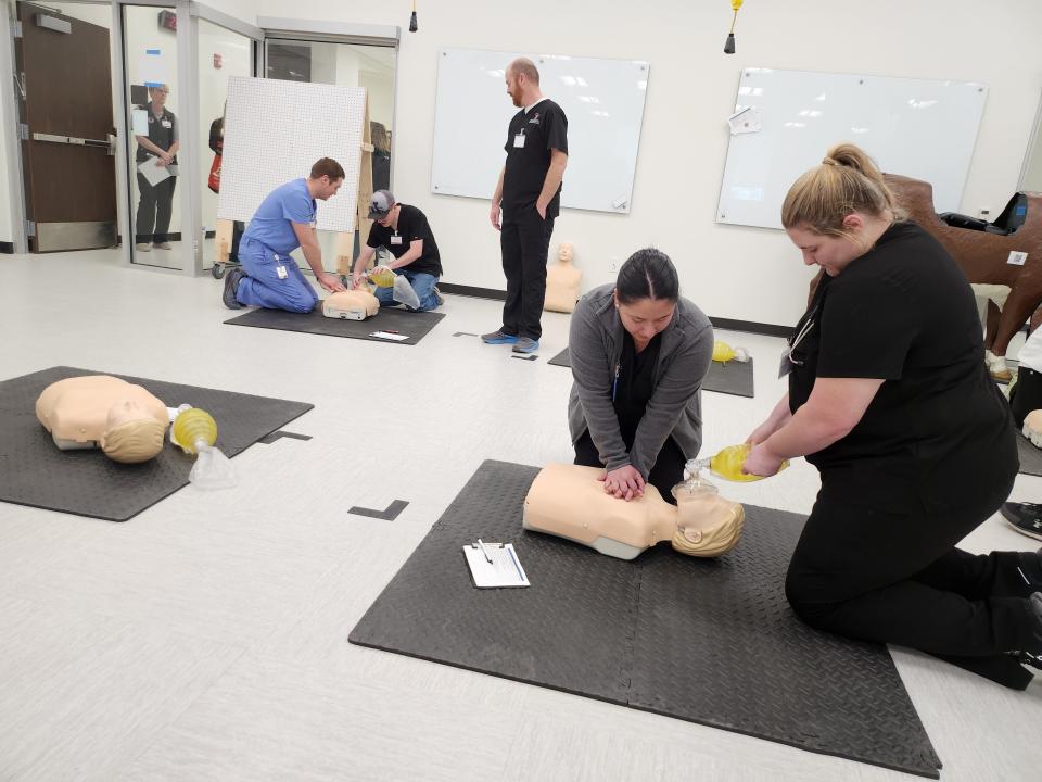 Students from the Texas Tech University Health Sciences Center schools of medicine, nursing, veterinary and more participate in Disaster Day simulations Thursday including a triage station, basic life-saving and bleed control, team lift skills, an AMBUS (ambulance bus) station and an animal rescue station.