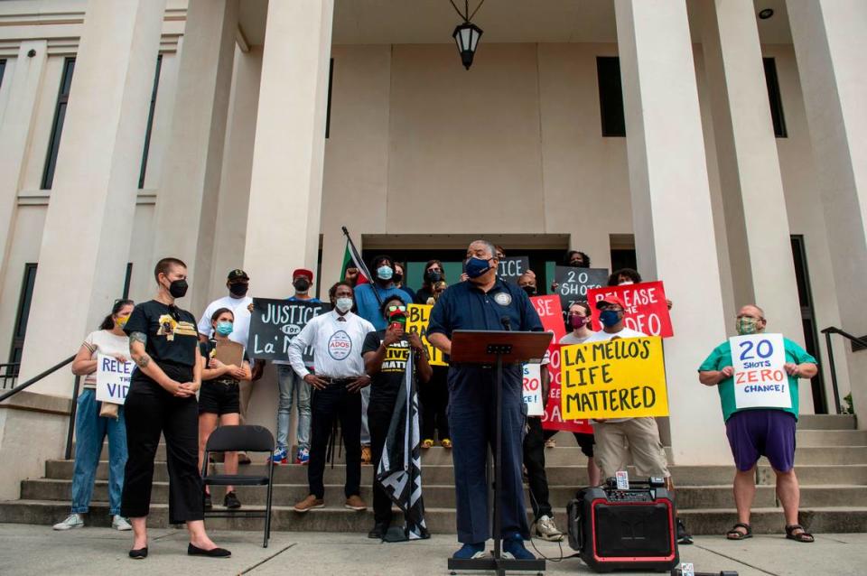 James Crowell, of the Biloxi NAACP, speaks outside the Gulfport Police Department during a protest against the killing of infant La’Mello Parker that occurred in May on Wednesday, Sept. 8, 2021.