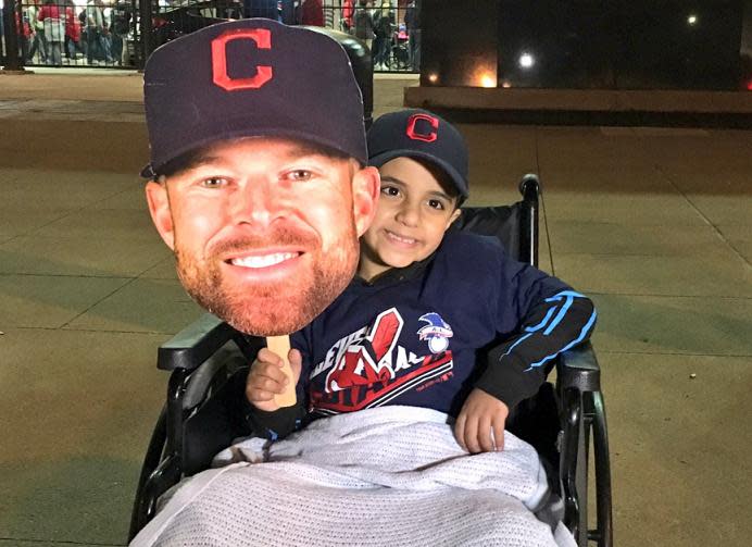 Saed Abdeldayem supports Corey Kluber and the Cleveland Indians during ALCS Game 1. (@ShelbyMillerCBS)