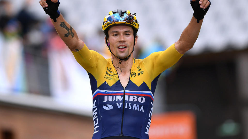 Primoz Roglic, pictured here after winning the second stage of the Criterium du Dauphine.