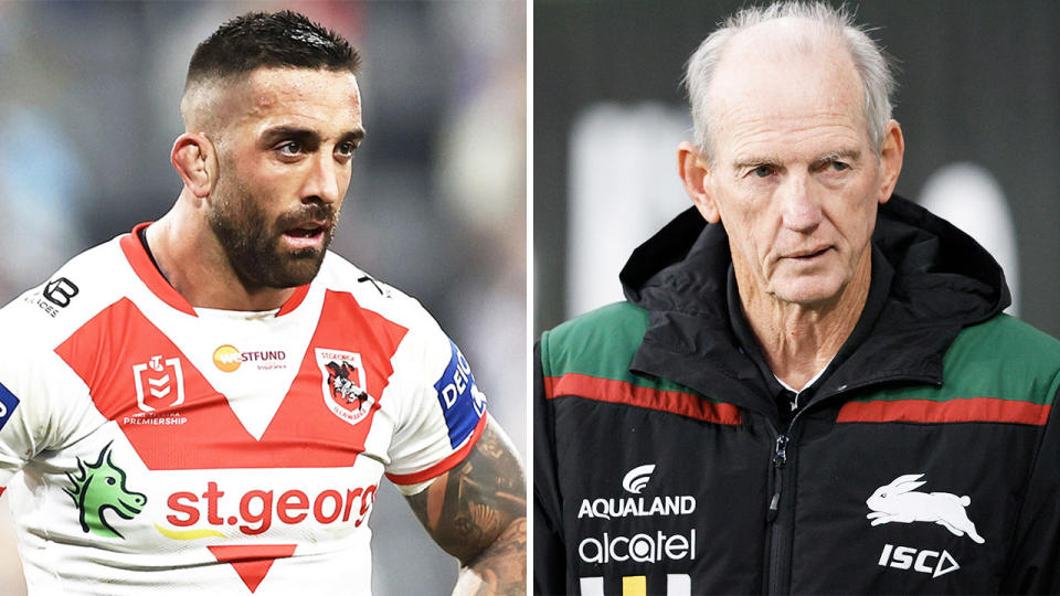 Paul Vaughan (pictured left) looking tired in the NRL match and Wayne Bennett (pictured right) during training.