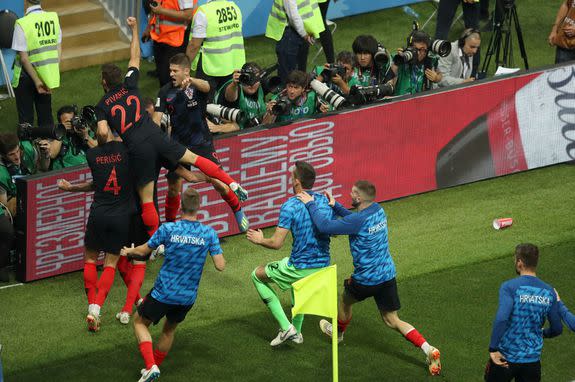 Mandatory Credit: Photo by Thanassis Stavrakis/AP/REX/Shutterstock (9757260cj) Croatia players celebrate after scoring their second goal during the semifinal match between Croatia and England at the 2018 soccer World Cup in the Luzhniki Stadium in Moscow, Russia Russia Soccer WCup Croatia England, Moscow, Russian Federation - 11 Jul 2018
