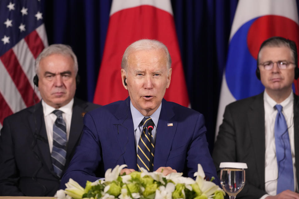 U.S. President Joe Biden meets with South Korean President Yoon Suk Yeol and Japanese Prime Minister Fumio Kishida on the sidelines of the Association of Southeast Asian Nations (ASEAN) summit, Sunday, Nov. 13, 2022, in Phnom Penh, Cambodia. (AP Photo/Alex Brandon)