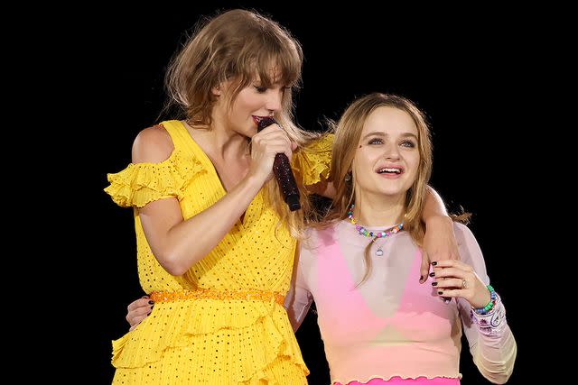 <p>John Shearer/TAS23/Getty</p> Taylor Swift and Joey King on stage at Arrowhead Stadium on July 7, 2023 in Kansas City
