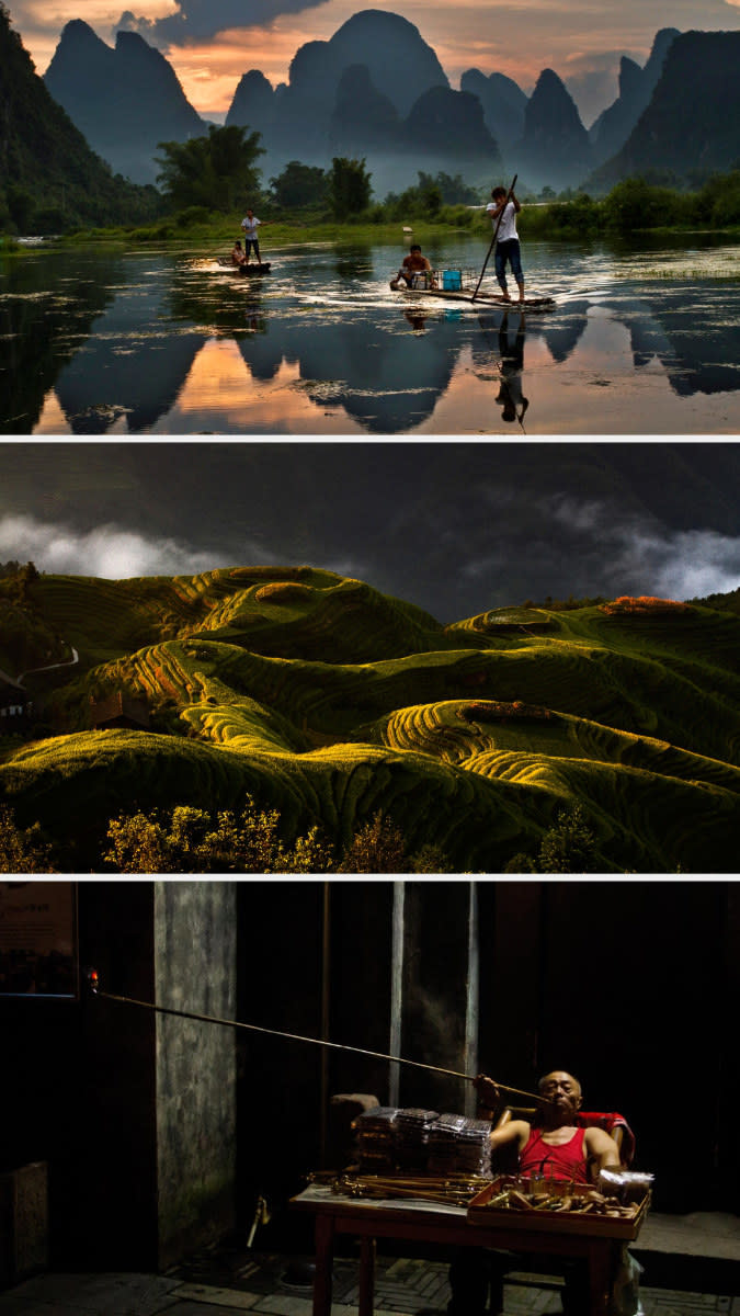 three images showing 1) people paddling on board to fish on a lake, 2) rolling hills lit by the setting sun, and 3) and old man smoking a long pipe
